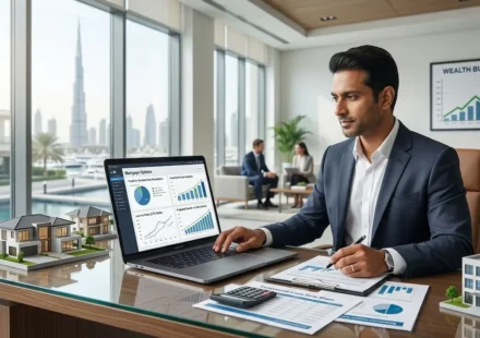 Real estate investor reviewing property financing and investment loan options in a professional office.