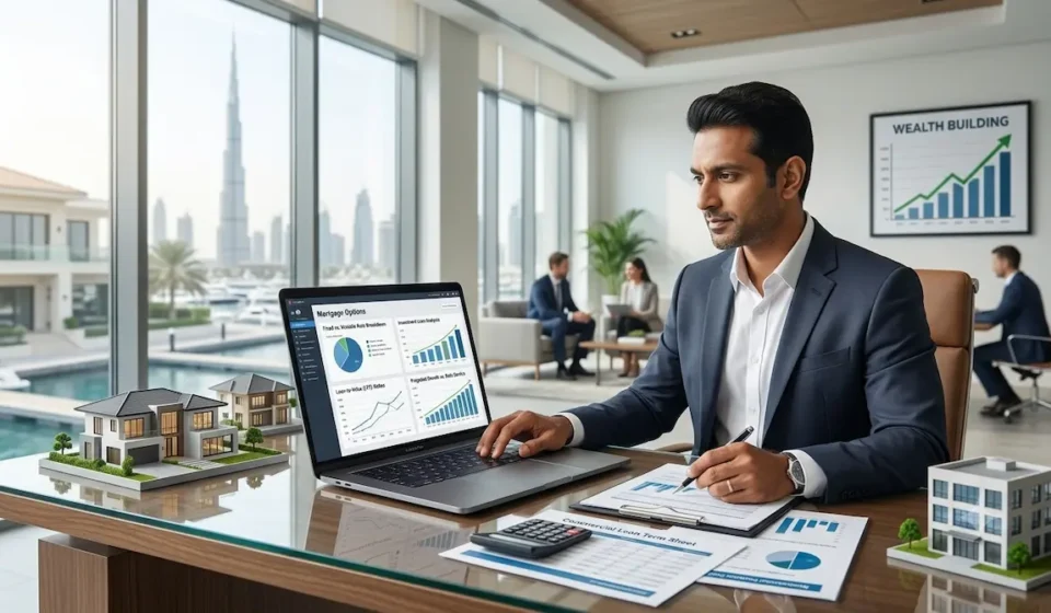 Real estate investor reviewing property financing and investment loan options in a professional office.