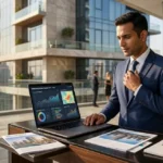Real estate investor analyzing property investment opportunities in 2026 with residential buildings and city skyline in the background