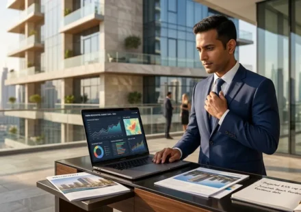 Real estate investor analyzing property investment opportunities in 2026 with residential buildings and city skyline in the background