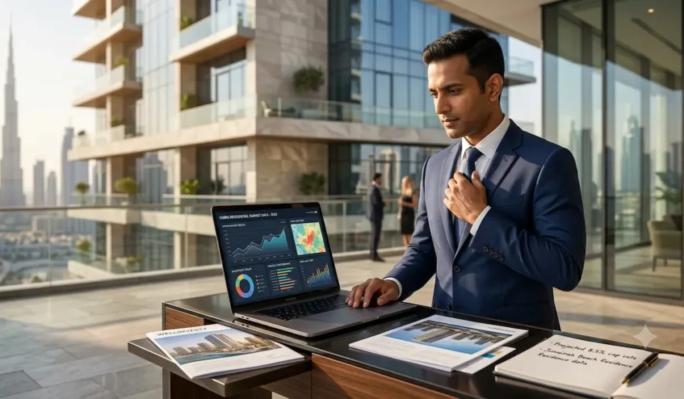 Real estate investor analyzing property investment opportunities in 2026 with residential buildings and city skyline in the background