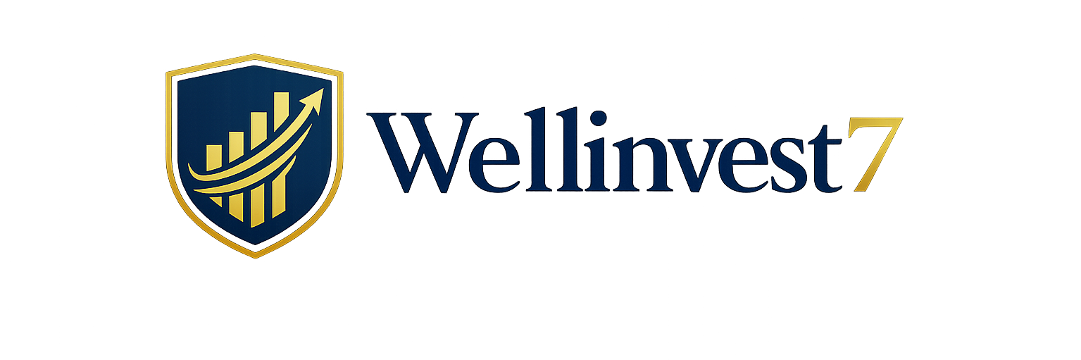 Wellinvest7 professional finance and investment logo with shield and upward growth arrow in blue and gold