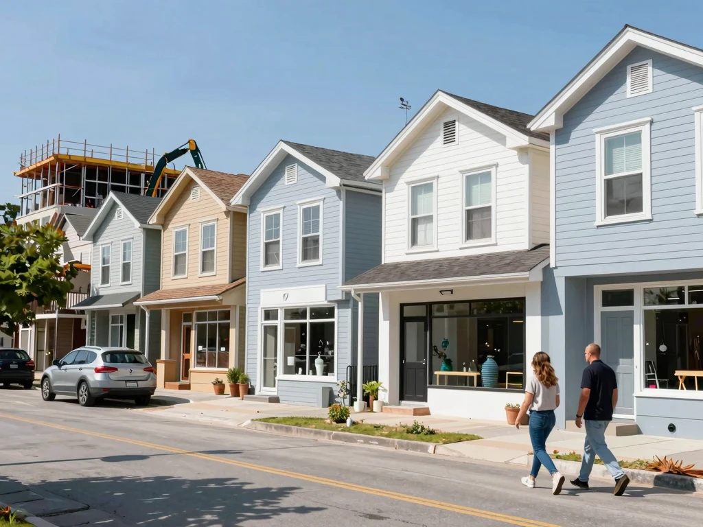 Signs a neighborhood will grow in property value USA — street with new shops, renovated homes, and visible development projects