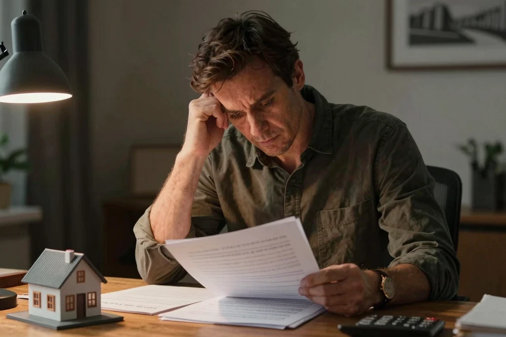 Investor reviewing property documents showing emotional decision-making in property investing"