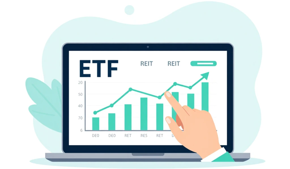 Beginner investor reviewing ETF passive income portfolio on laptop showing dividend yield charts and bond fund allocations