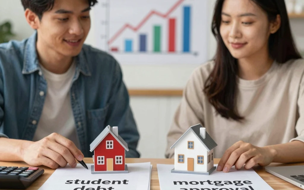 “student debt mortgage renting vs buying decision financial planning concept with house and calculator”