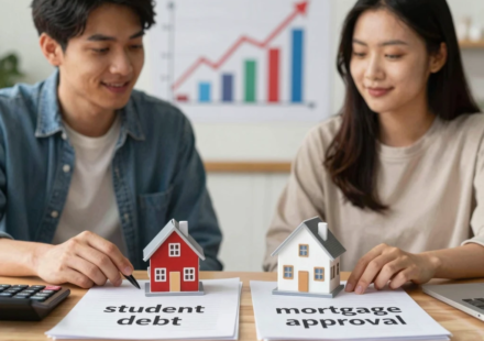 “student debt mortgage renting vs buying decision financial planning concept with house and calculator”