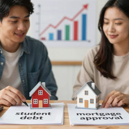 “student debt mortgage renting vs buying decision financial planning concept with house and calculator”