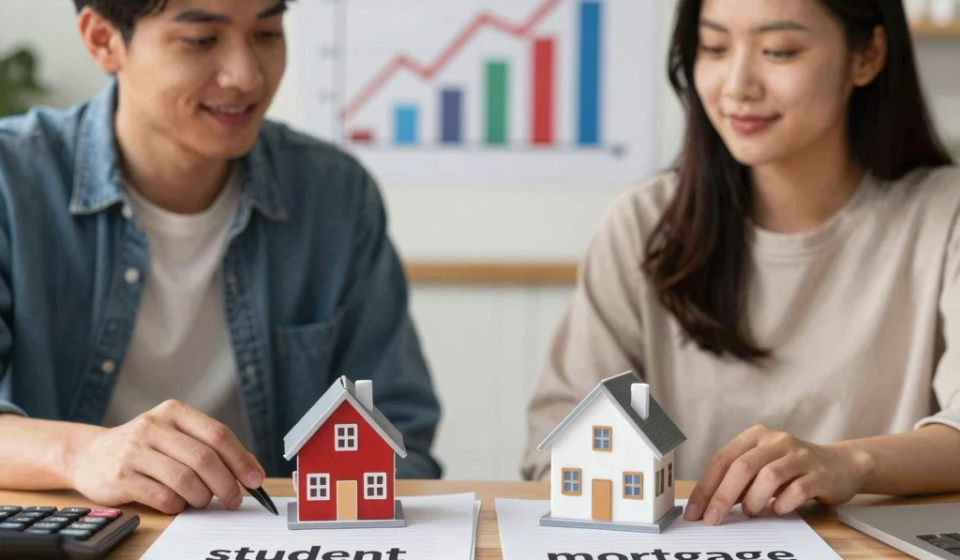 “student debt mortgage renting vs buying decision financial planning concept with house and calculator”