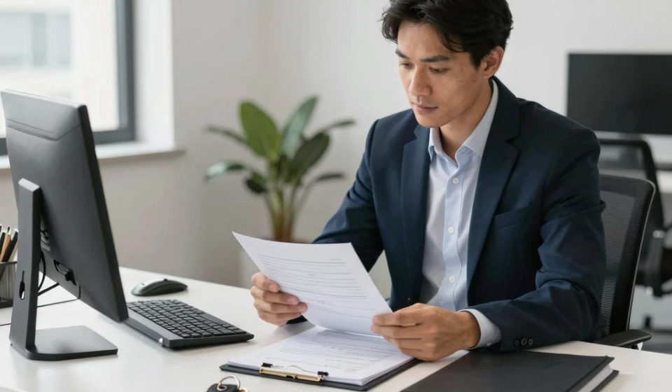 how to build a real estate portfolio step by step showing investor reviewing property documents and portfolio folder