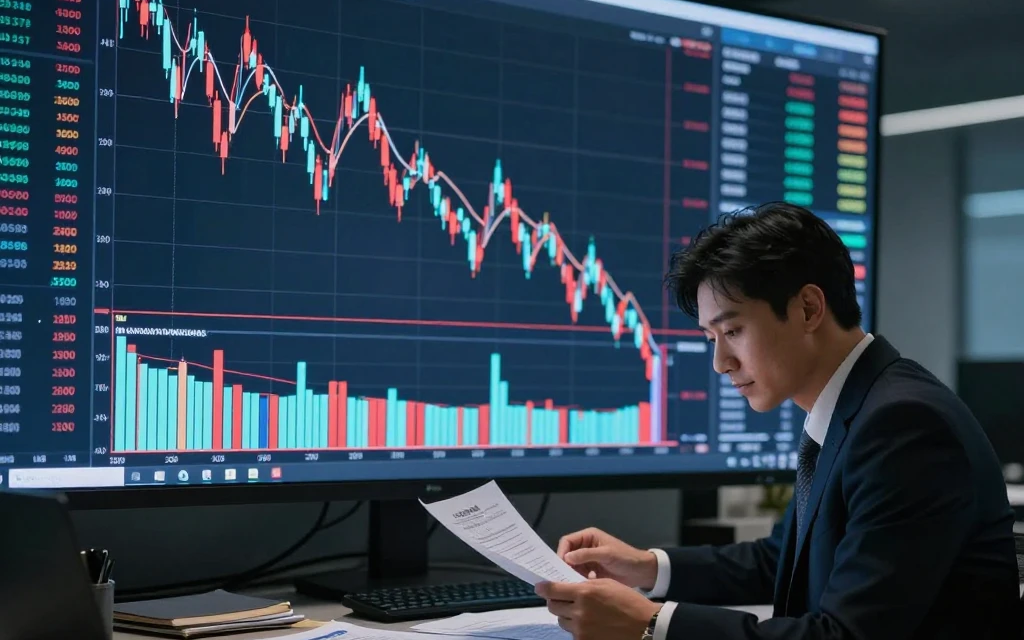 Investor reviewing strategy on how to invest during a market crash with declining stock chart in background