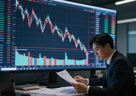 Investor reviewing strategy on how to invest during a market crash with declining stock chart in background