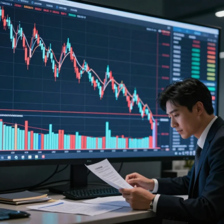 Investor reviewing strategy on how to invest during a market crash with declining stock chart in background