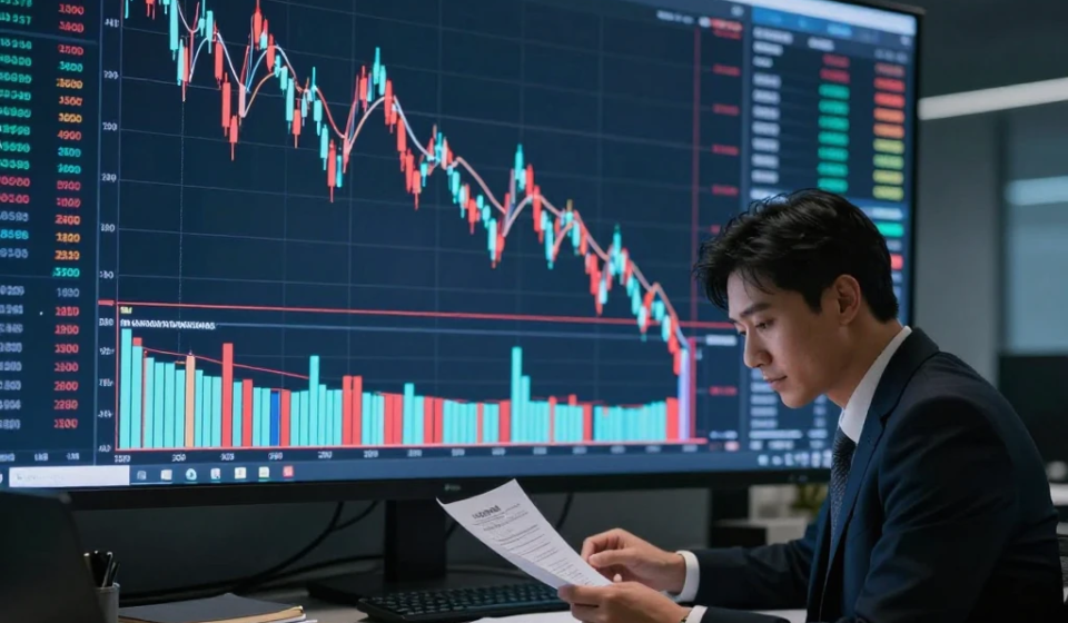 Investor reviewing strategy on how to invest during a market crash with declining stock chart in background