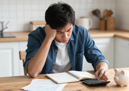 person budgeting at home to stop living paycheck to paycheck