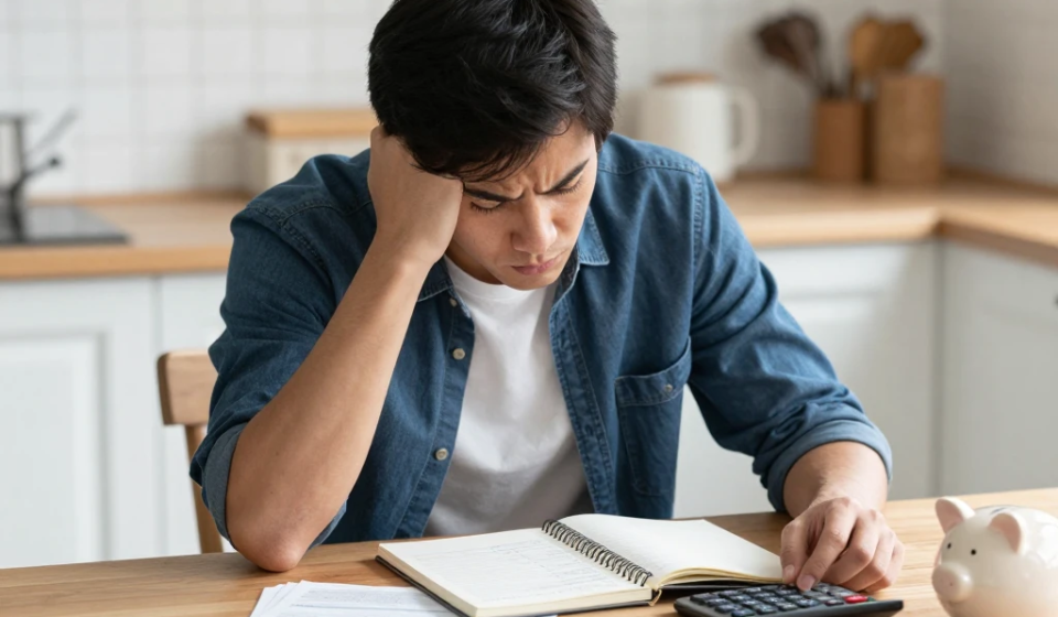 person budgeting at home to stop living paycheck to paycheck