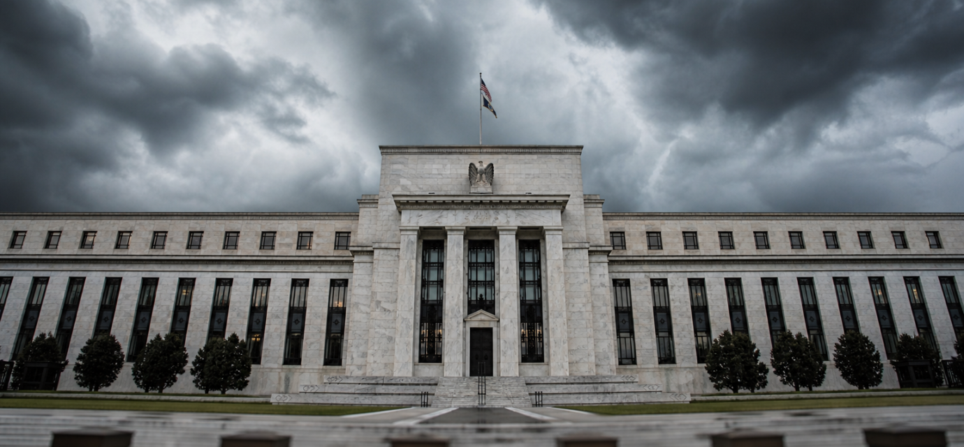 Federal Reserve building under dark clouds representing Fed decision and Powell uncertain future