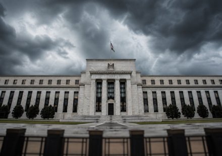 Federal Reserve building under dark clouds representing Fed decision and Powell uncertain future