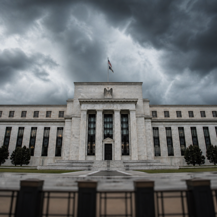Federal Reserve building under dark clouds representing Fed decision and Powell uncertain future