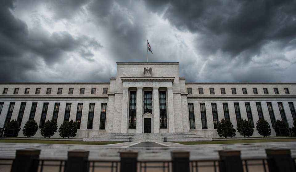 Federal Reserve building under dark clouds representing Fed decision and Powell uncertain future