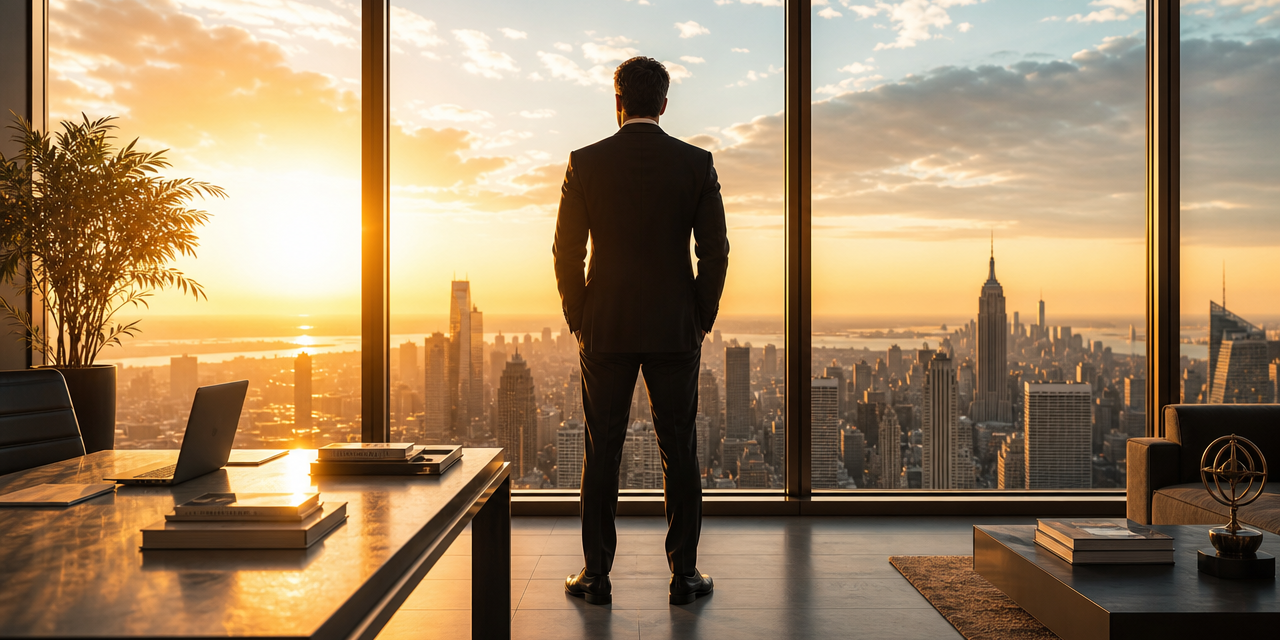 billionaire morning routine showing successful investor in high-rise office during early morning sunrise