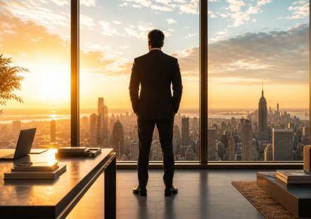 billionaire morning routine showing successful investor in high-rise office during early morning sunrise