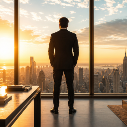 billionaire morning routine showing successful investor in high-rise office during early morning sunrise