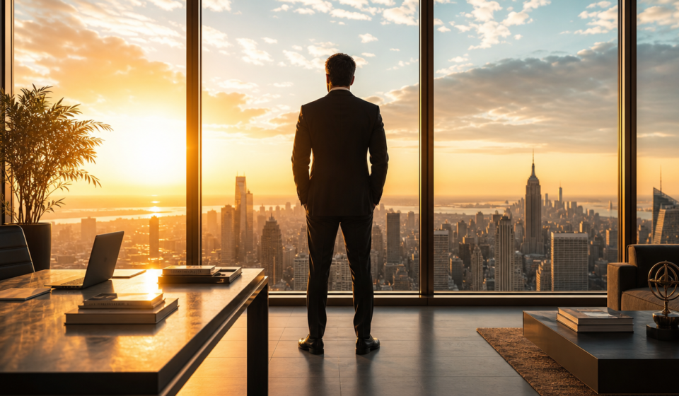 billionaire morning routine showing successful investor in high-rise office during early morning sunrise