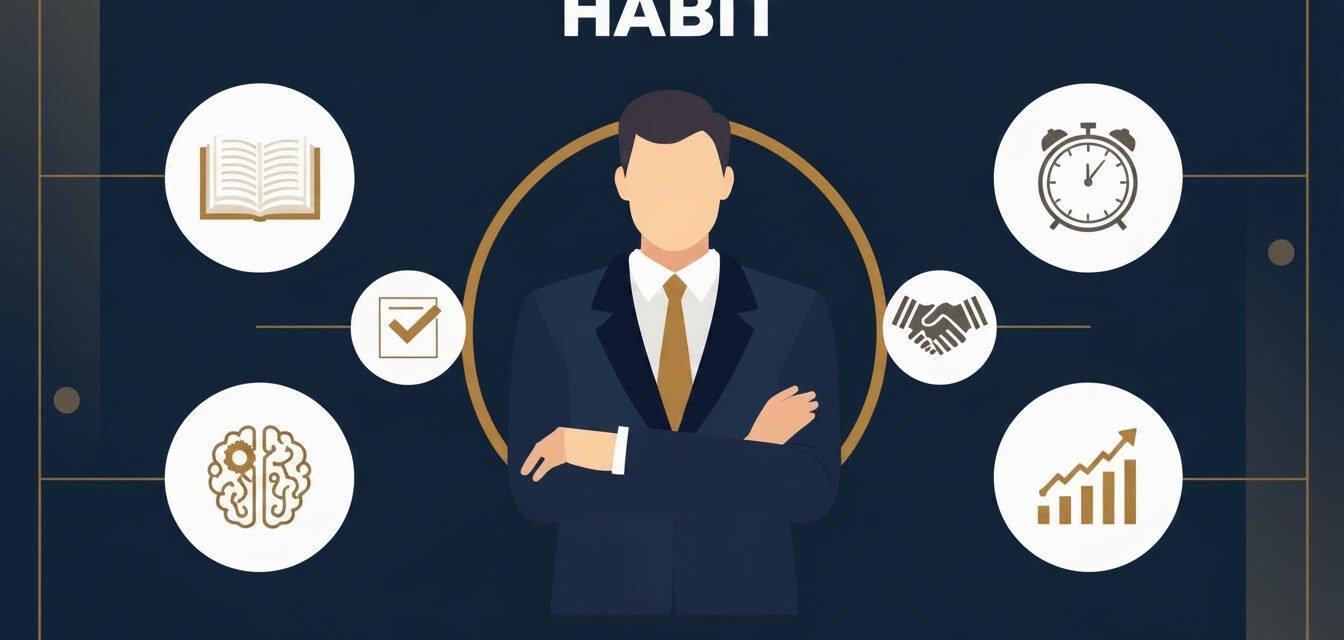 What are the 7 habits of billionaires illustrated with icons representing reading, time management, decision making, systems, health, networking, and wealth growth.