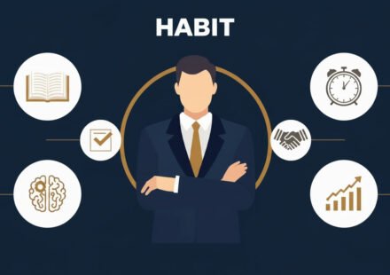 What are the 7 habits of billionaires illustrated with icons representing reading, time management, decision making, systems, health, networking, and wealth growth.