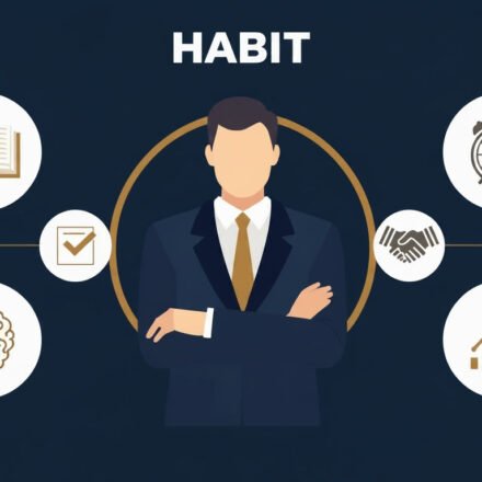 What are the 7 habits of billionaires illustrated with icons representing reading, time management, decision making, systems, health, networking, and wealth growth.