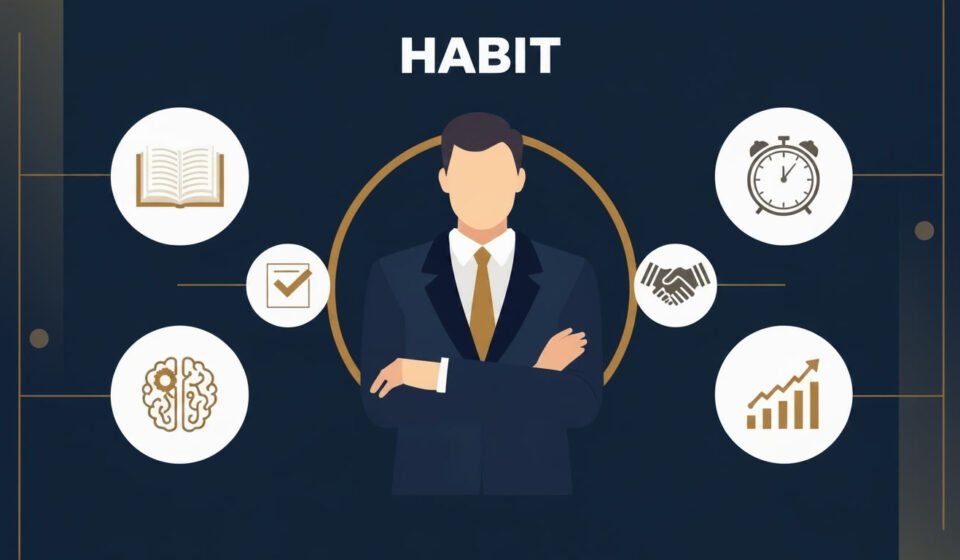 What are the 7 habits of billionaires illustrated with icons representing reading, time management, decision making, systems, health, networking, and wealth growth.
