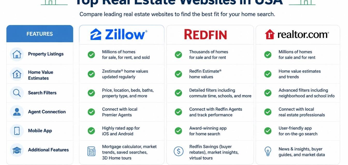 comparison of top real estate websites in USA including Zillow Redfin and Realtor.com