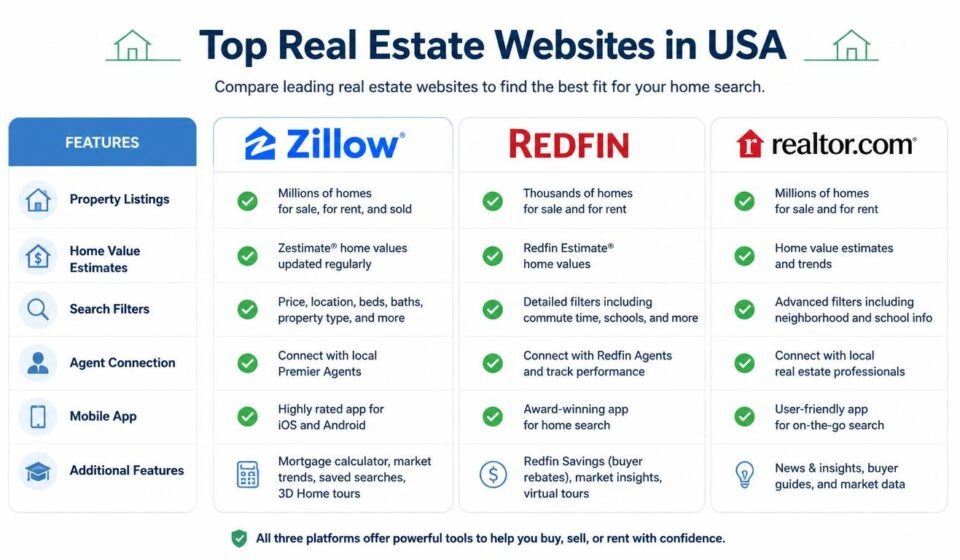 comparison of top real estate websites in USA including Zillow Redfin and Realtor.com