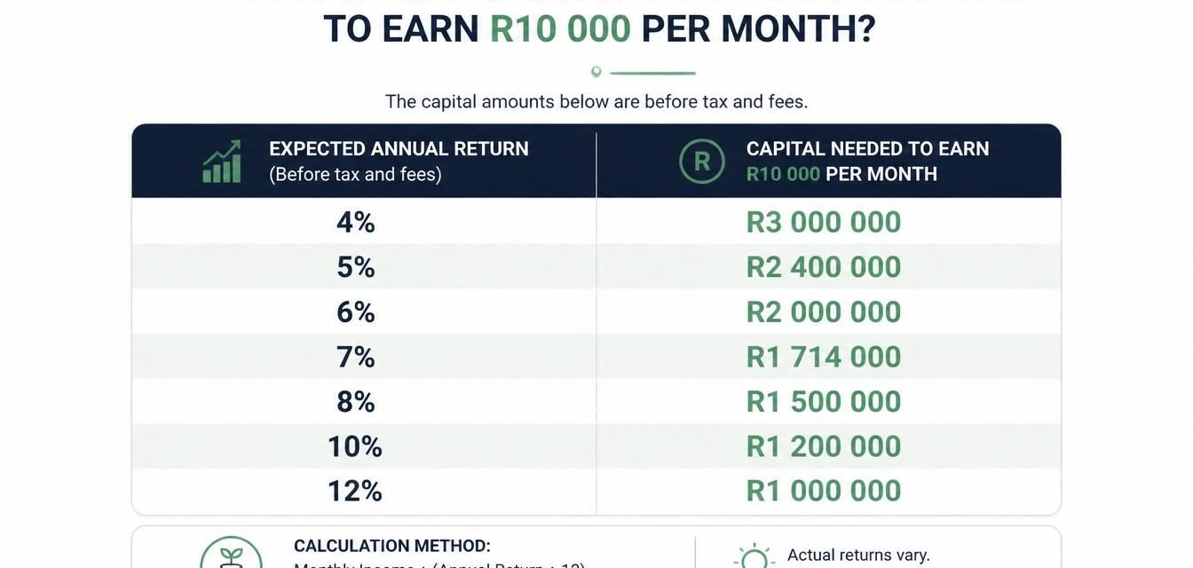 investment capital needed to earn R10000 monthly income in South Africa
