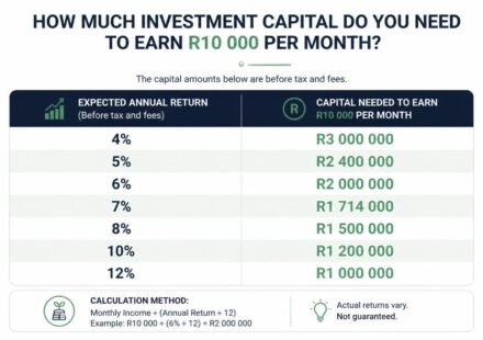 investment capital needed to earn R10000 monthly income in South Africa