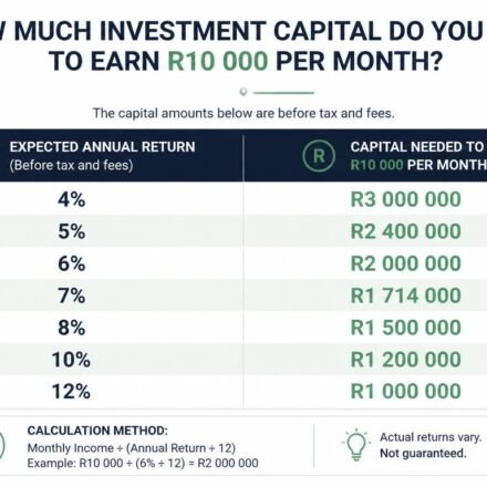 investment capital needed to earn R10000 monthly income in South Africa