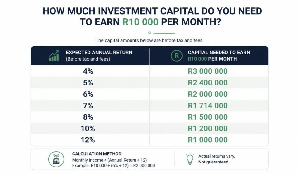 investment capital needed to earn R10000 monthly income in South Africa