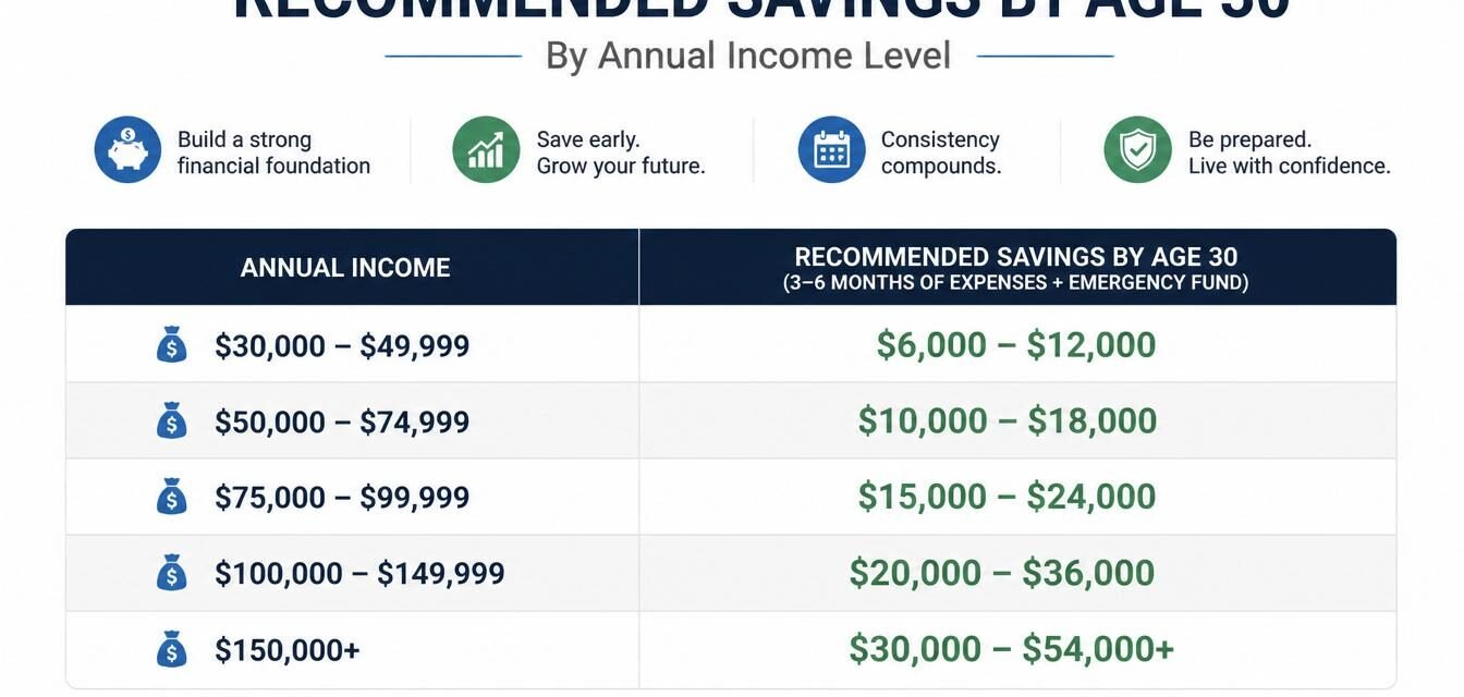 recommended savings amount saved by age 30 at different income levels