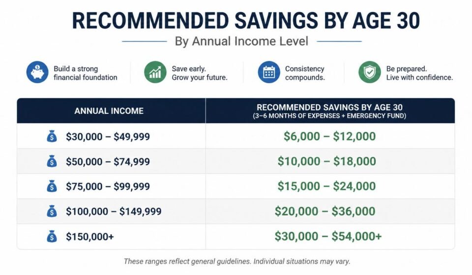 recommended savings amount saved by age 30 at different income levels