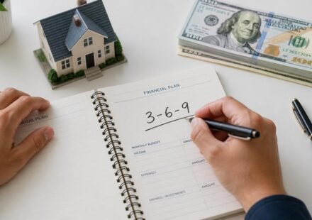 369 rule of money written in financial planner with house model and dollar bills