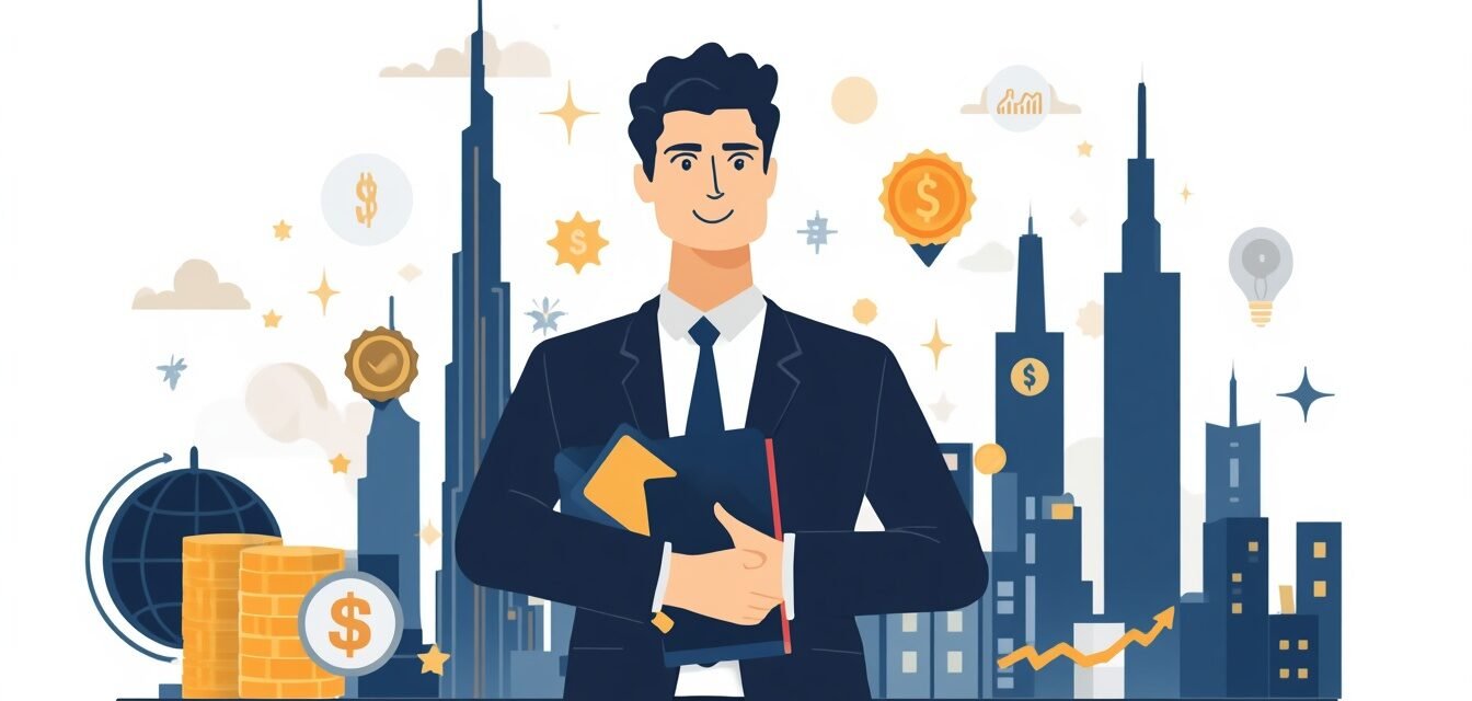 How expats in Dubai build wealth shown through a professional figure with investment charts against the Dubai skyline and Burj Khalifa background