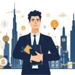 How expats in Dubai build wealth shown through a professional figure with investment charts against the Dubai skyline and Burj Khalifa background