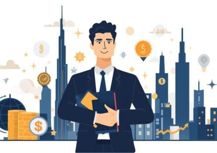 How expats in Dubai build wealth shown through a professional figure with investment charts against the Dubai skyline and Burj Khalifa background