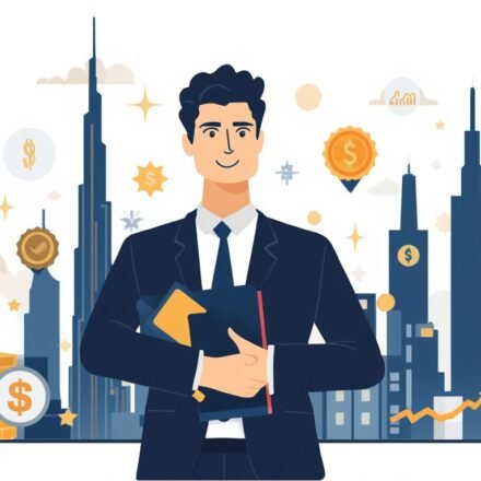 How expats in Dubai build wealth shown through a professional figure with investment charts against the Dubai skyline and Burj Khalifa background