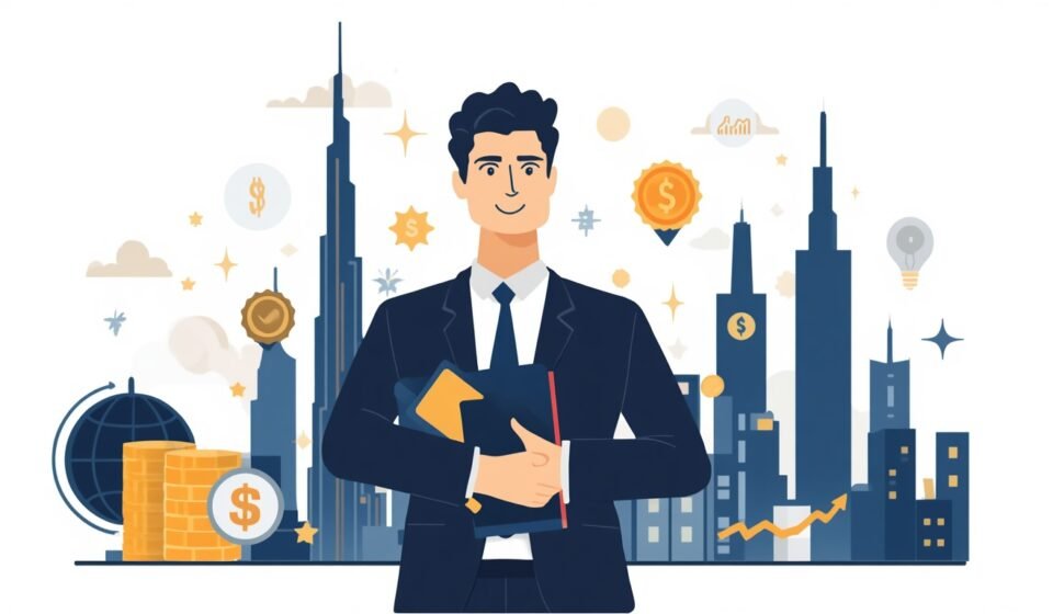How expats in Dubai build wealth shown through a professional figure with investment charts against the Dubai skyline and Burj Khalifa background